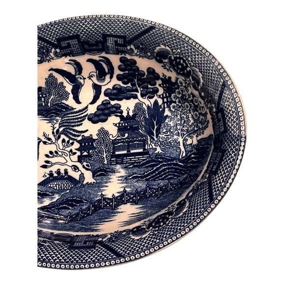Vintage Blue Willow Chinoiserie blue white vegetable bowl occupied Japan 8.5”x12 - Picture 7 of 11